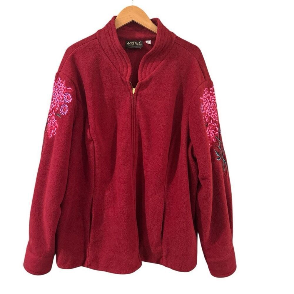 Bob Mackie Women's Fleece Wearable Art Floral Full Zip Jacket Red 3X